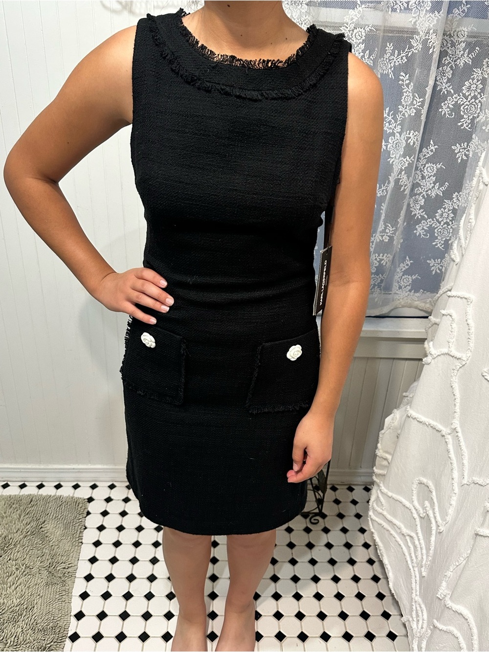 Karl Lagerfeld Black Sleeveless Fringe-Trim Sheath Dress